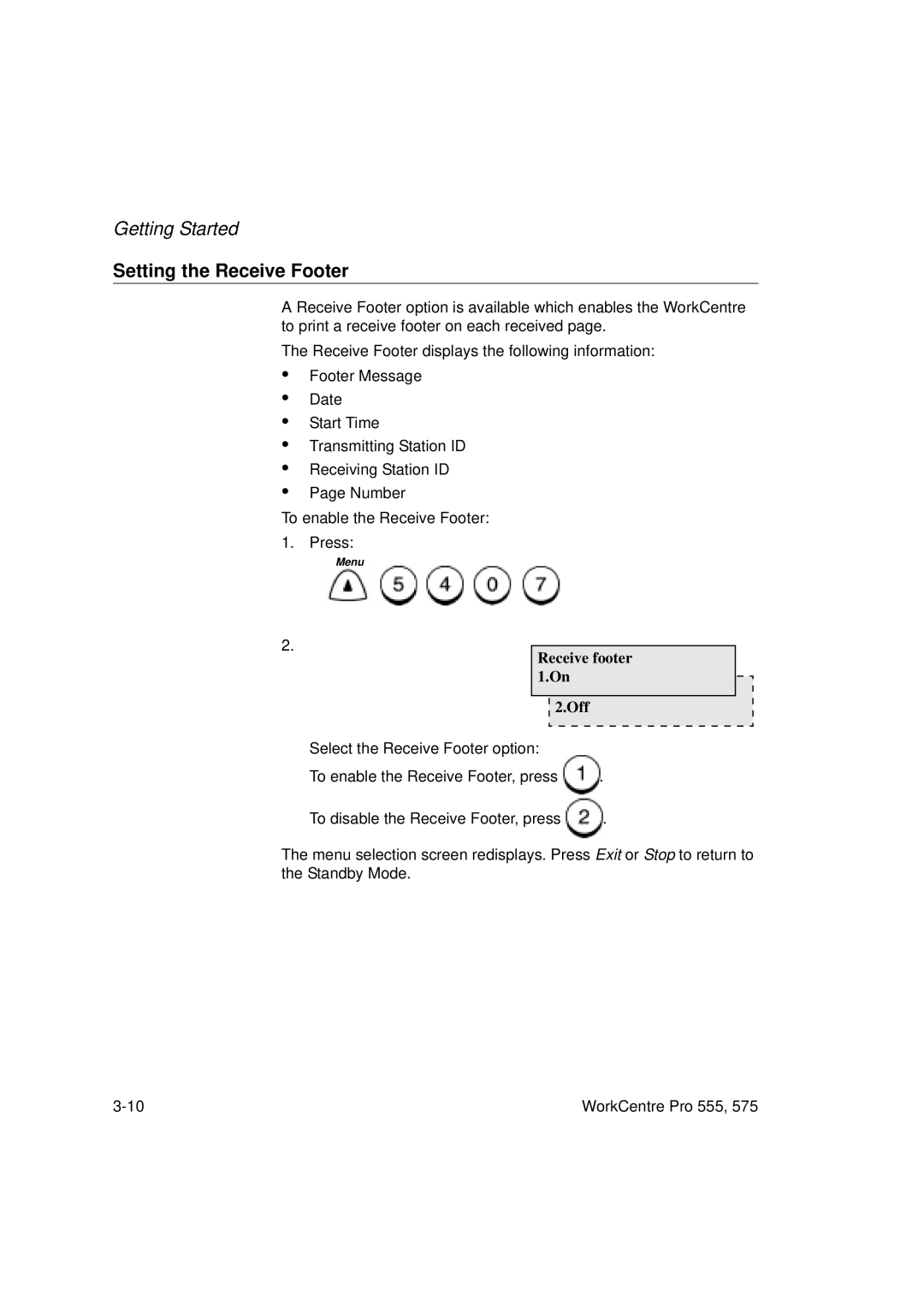 Xerox 555 manual Setting the Receive Footer, Receive footer 