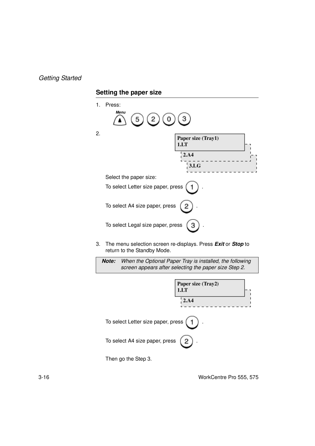 Xerox 555 manual Setting the paper size, Paper size Tray1 1.LT, Paper size Tray2 