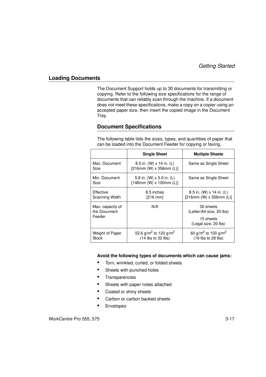 Xerox 555 manual Loading Documents, Document Specifications, Avoid the following types of documents which can cause jams 