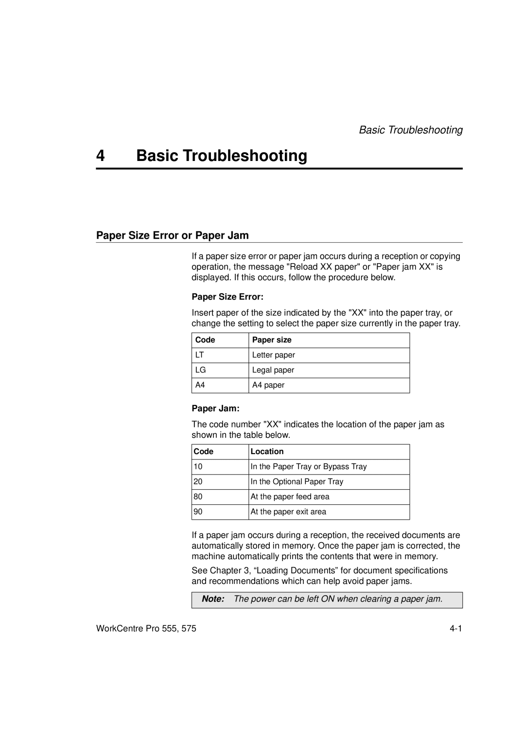 Xerox 555 manual Paper Size Error or Paper Jam 