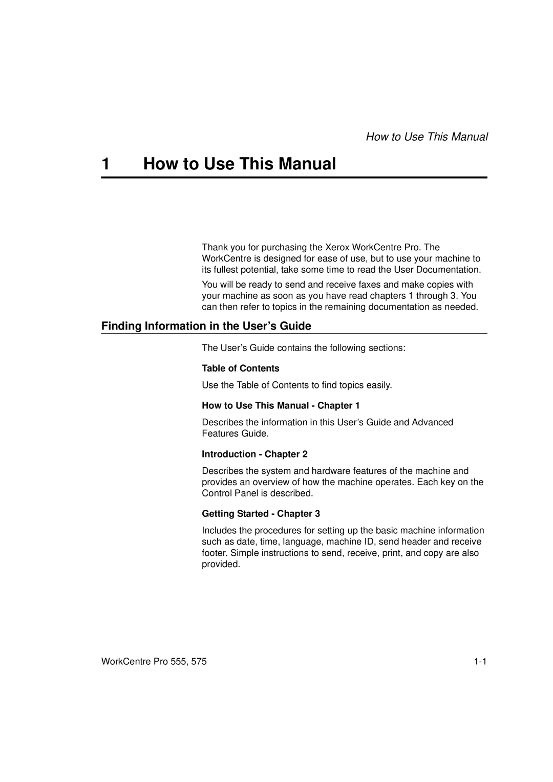 Xerox 555 Finding Information in the User’s Guide, Table of Contents, How to Use This Manual Chapter, Introduction Chapter 