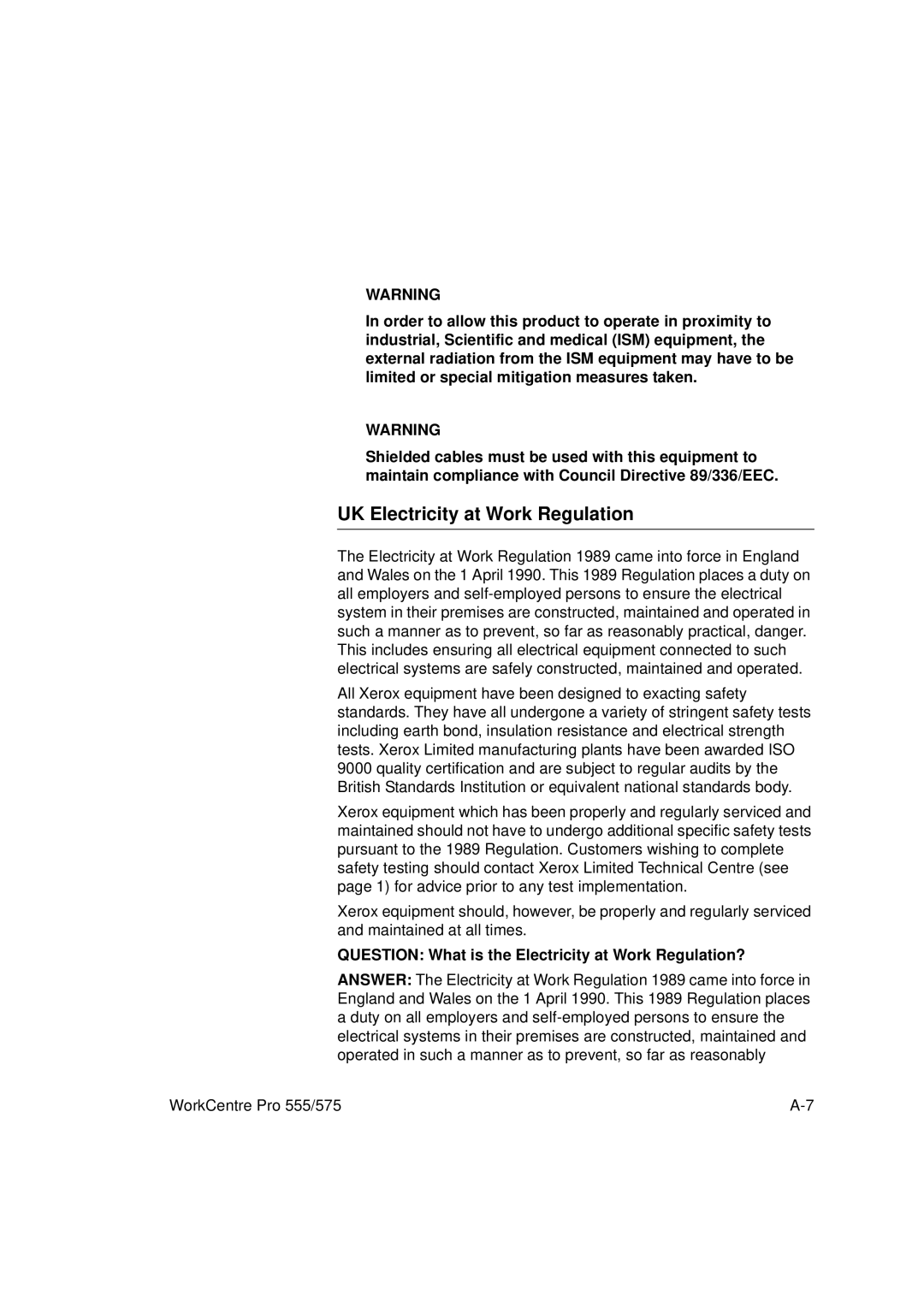 Xerox 555 manual UK Electricity at Work Regulation, Question What is the Electricity at Work Regulation? 