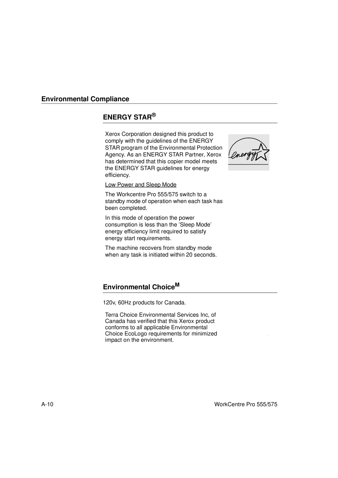 Xerox 555 manual Environmental Compliance, Environmental ChoiceM 