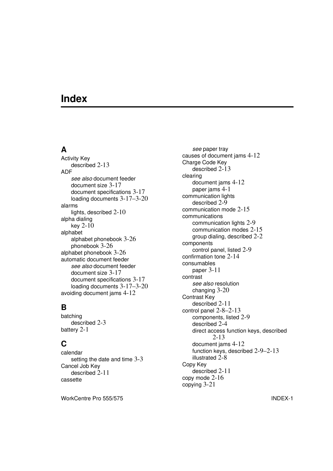 Xerox 555 manual Index 