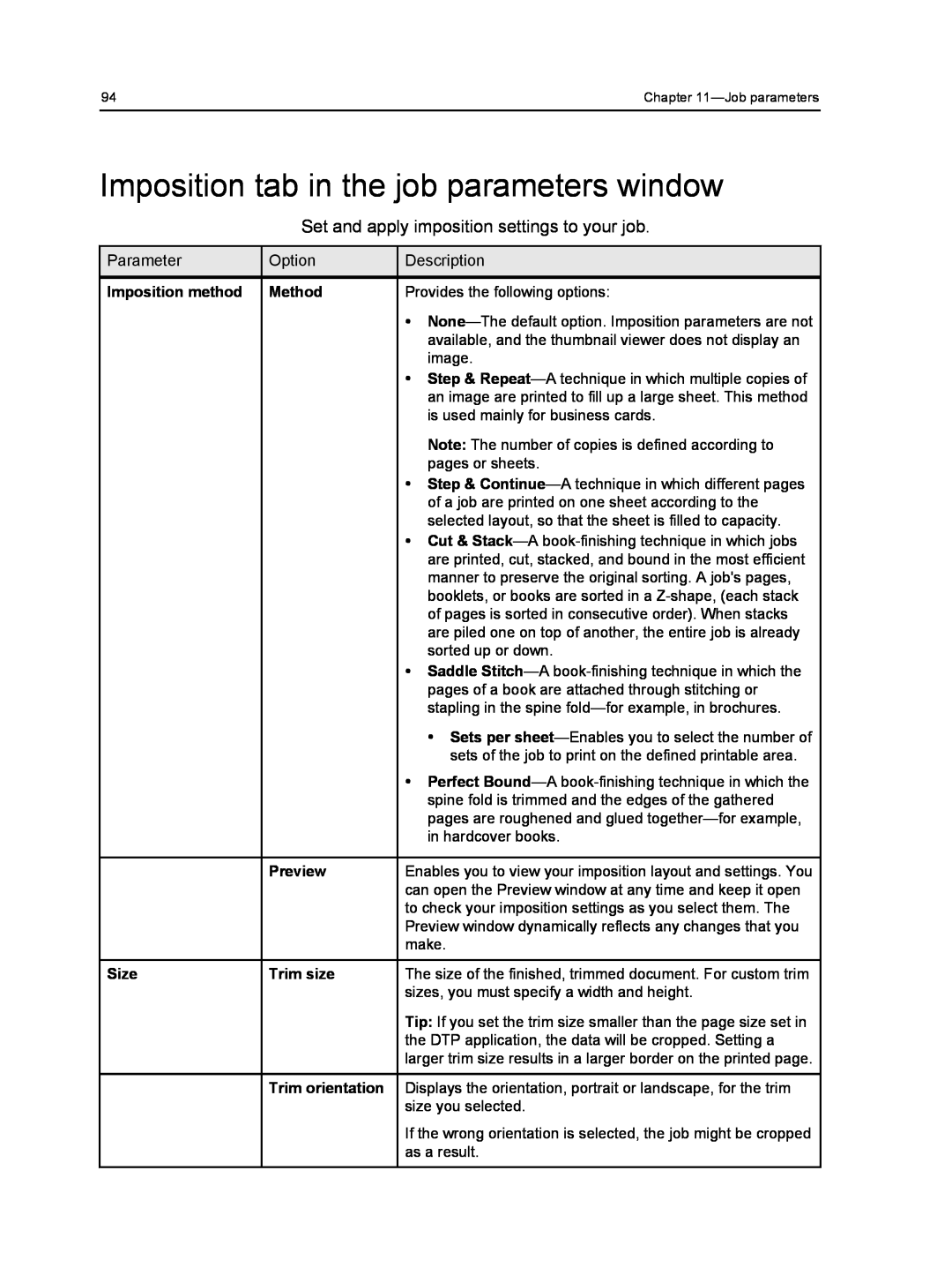 Xerox 560, 550 manual Imposition tab in the job parameters window, Set and apply imposition settings to your job 
