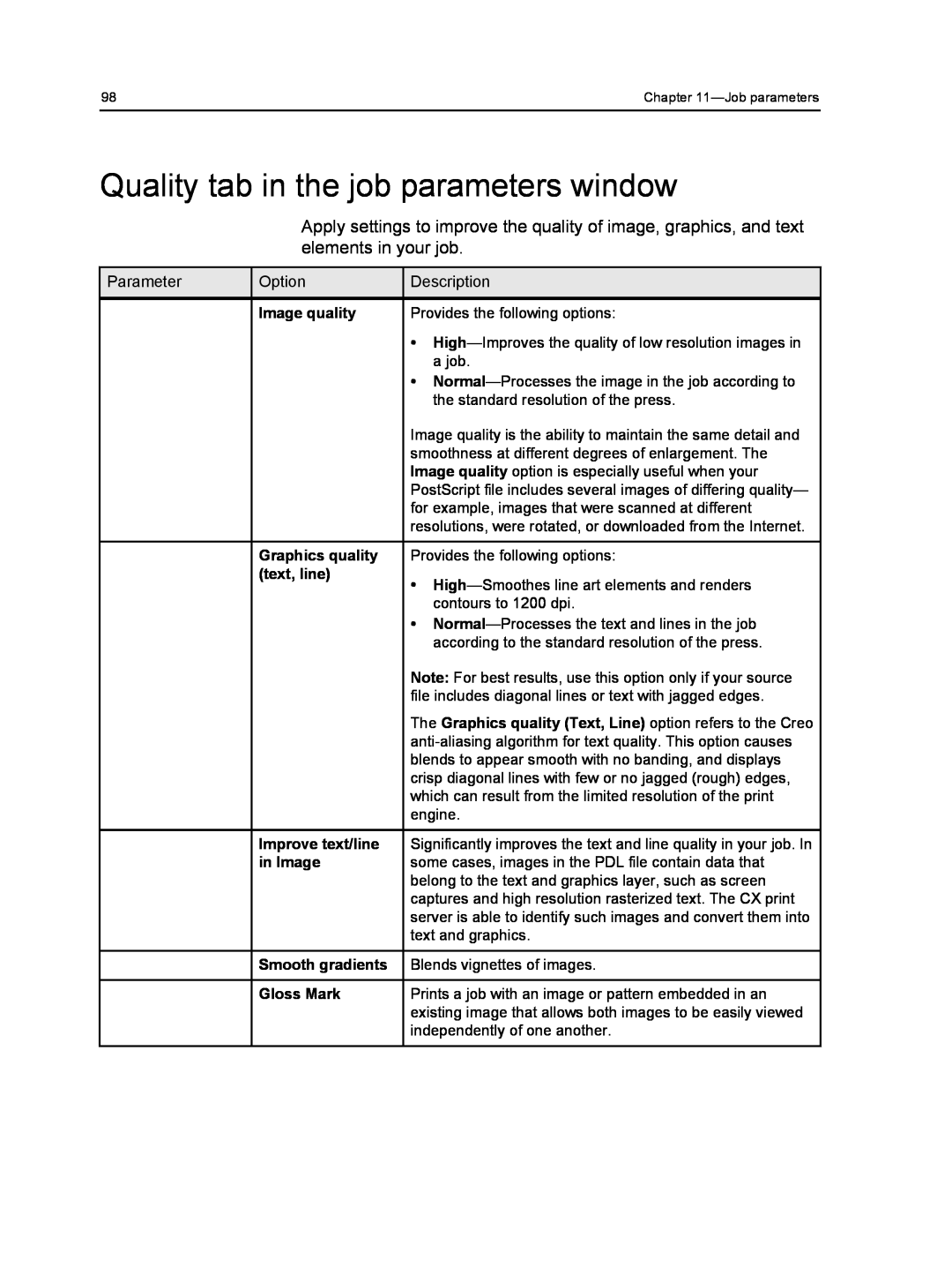 Xerox 560, 550 Quality tab in the job parameters window, Image quality, Graphics quality, text, line, Improve text/line 