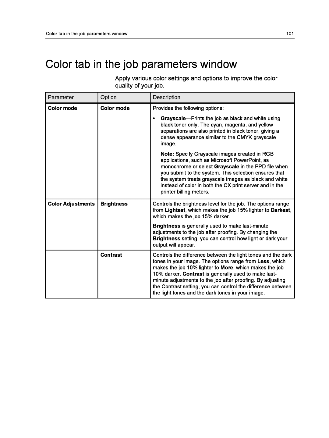 Xerox 550, 560 manual Color tab in the job parameters window, Color mode, Color Adjustments, Brightness, Contrast 