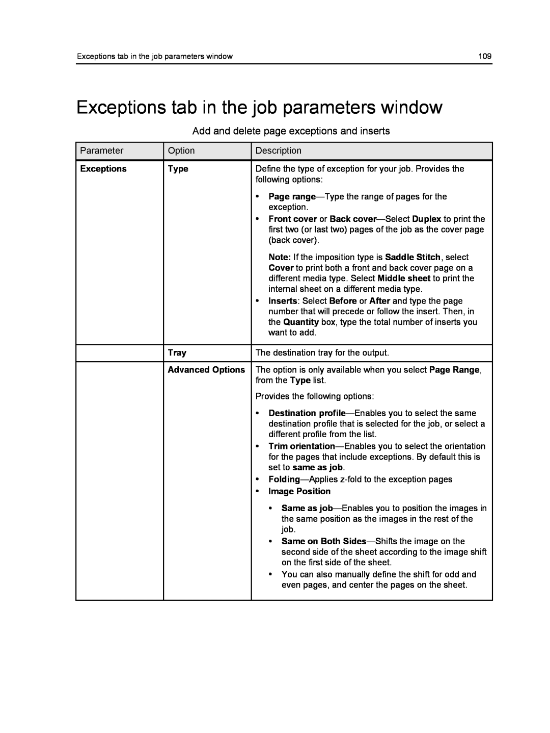 Xerox 550, 560 manual Exceptions tab in the job parameters window, Add and delete page exceptions and inserts 
