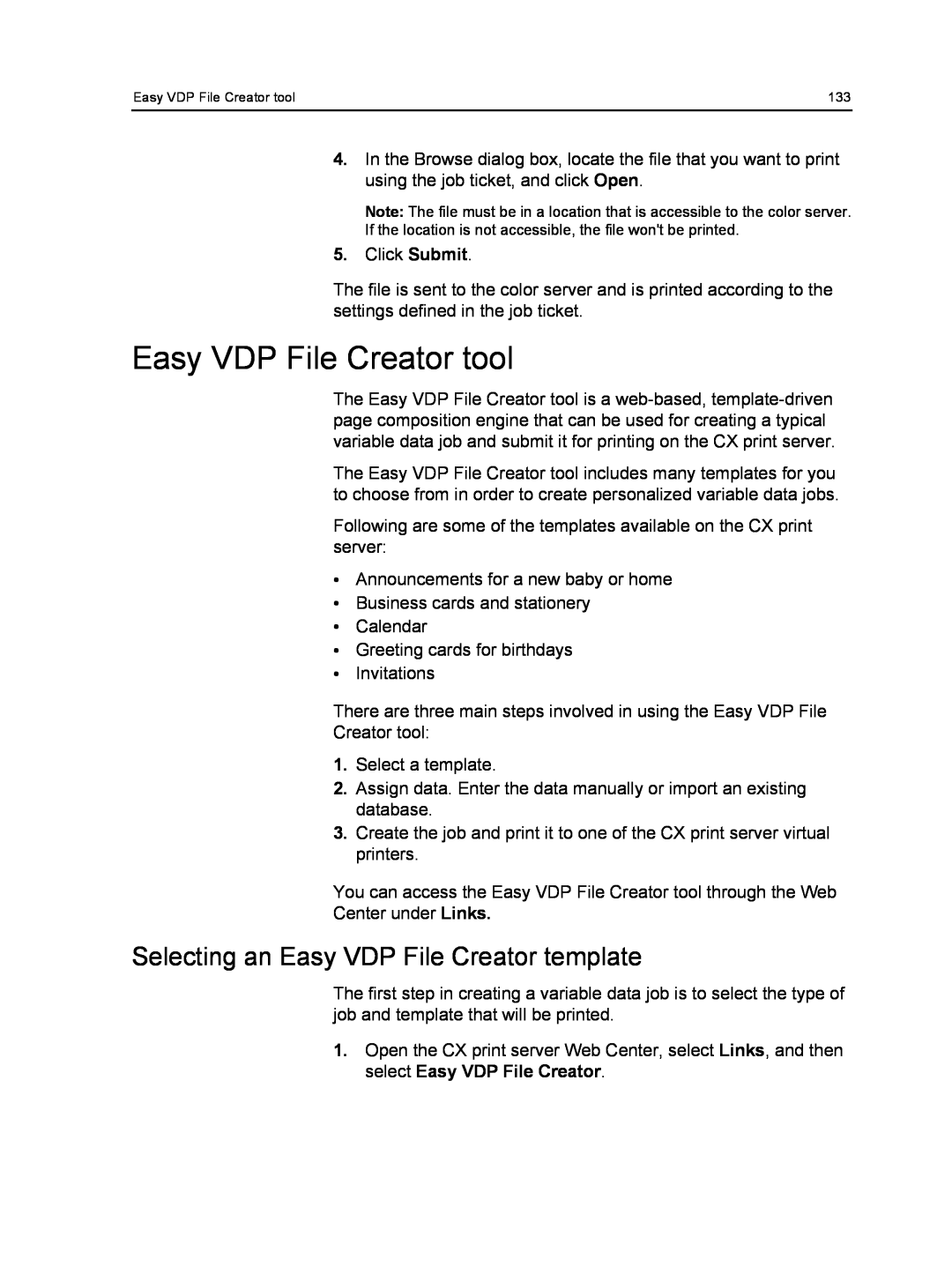 Xerox 550, 560 manual Easy VDP File Creator tool, Selecting an Easy VDP File Creator template 