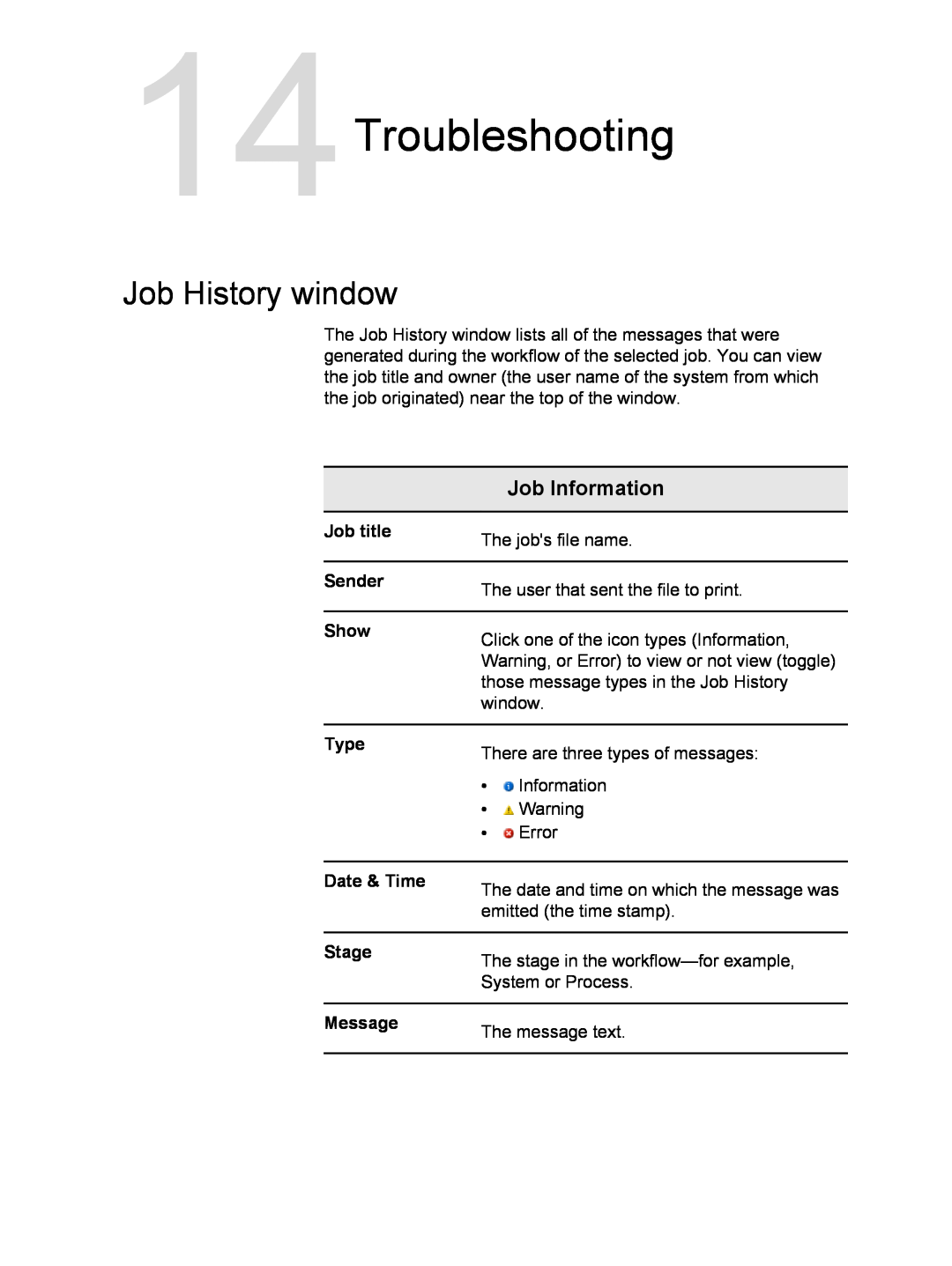 Xerox 550, 560 14Troubleshooting, Job History window, Job Information, Job title, Sender, Show, Type, Date & Time, Stage 