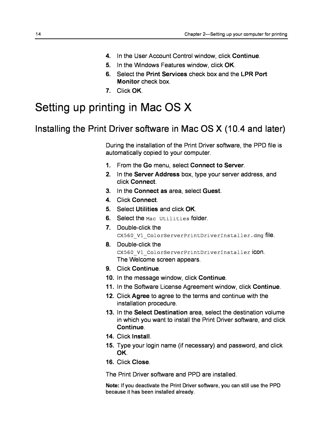 Xerox 560, 550 manual Setting up printing in Mac OS, Click Continue 