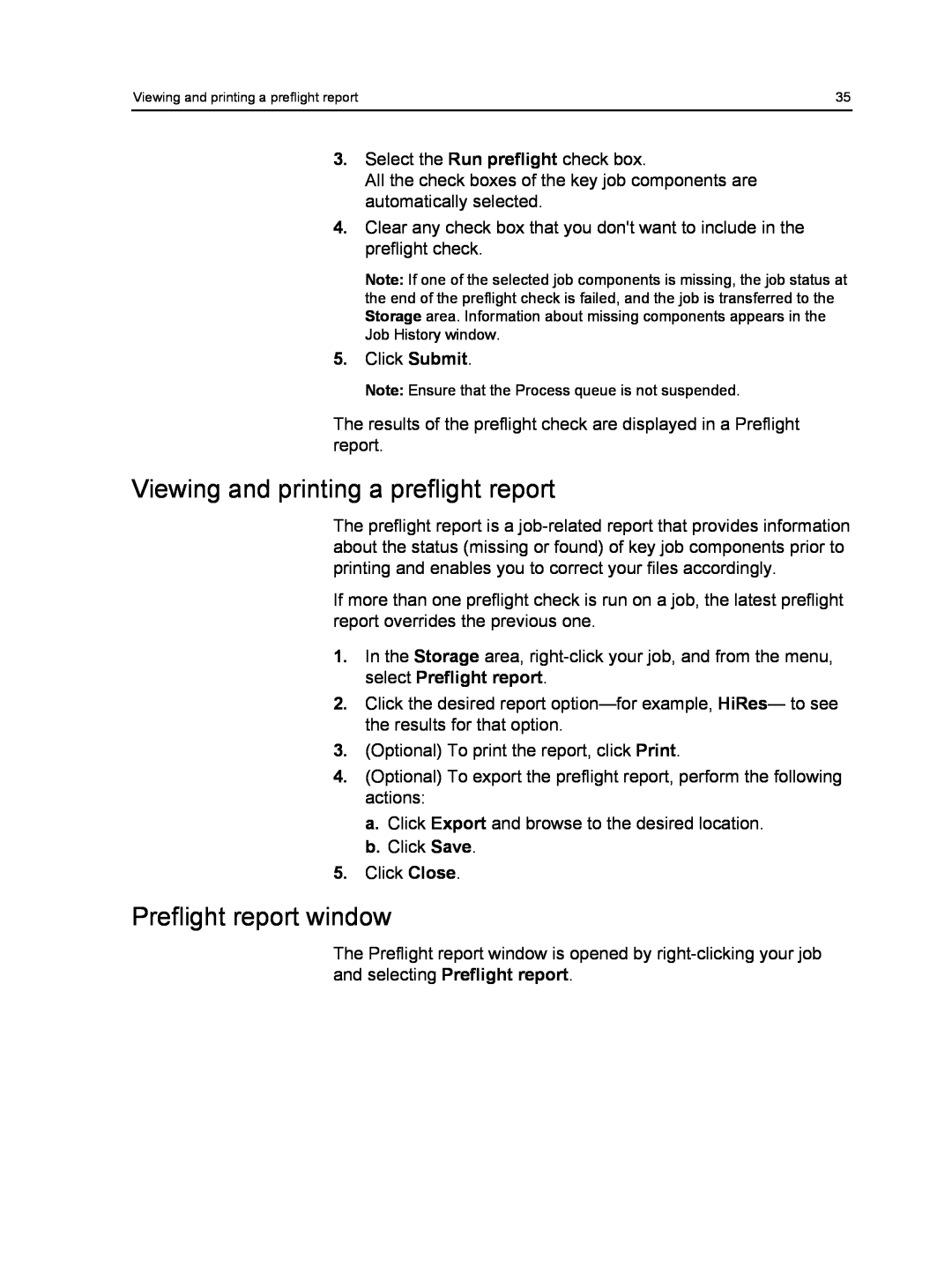Xerox 550, 560 manual Viewing and printing a preflight report, Preflight report window 