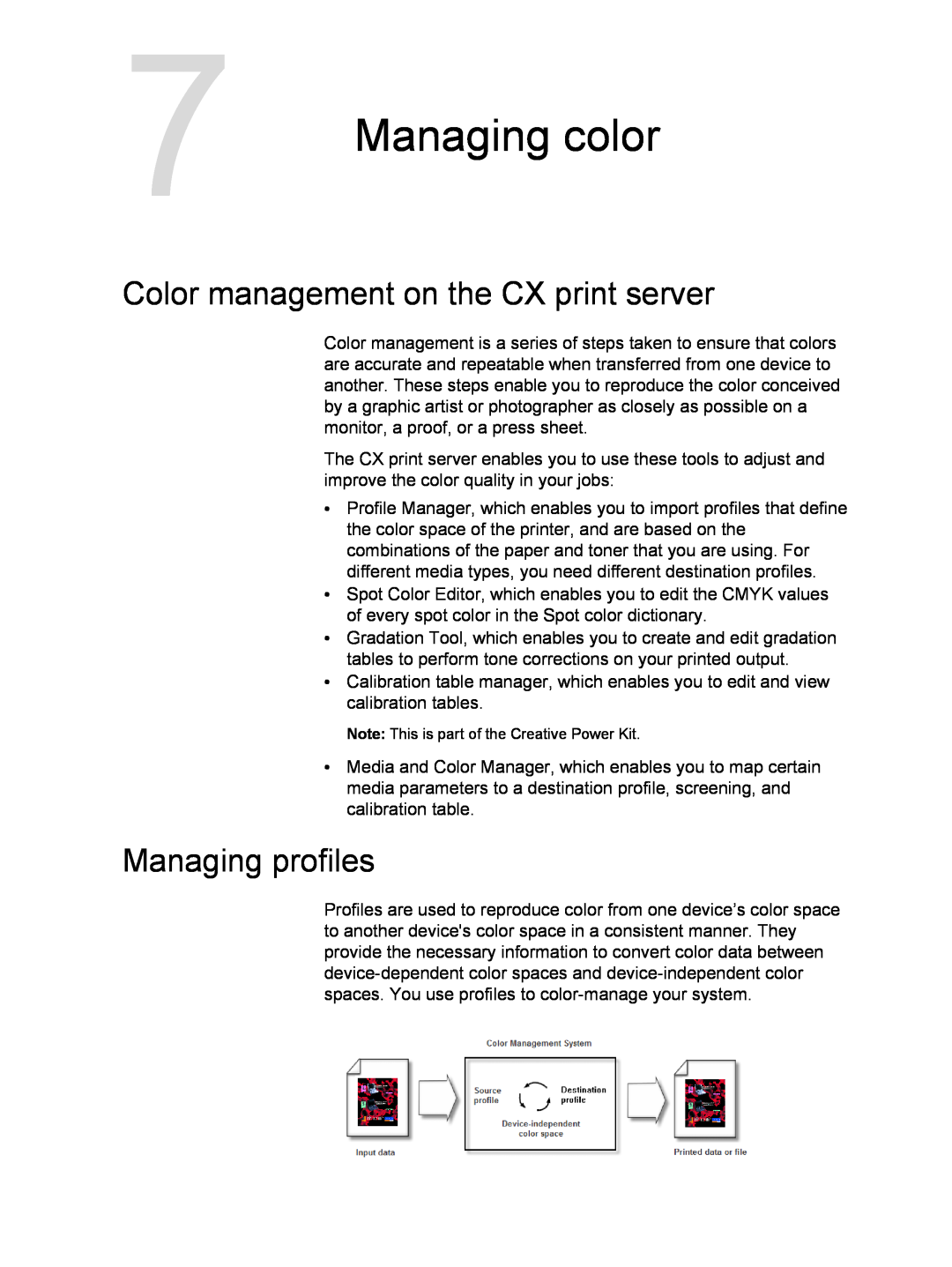 Xerox 550, 560 manual Managing color, Color management on the CX print server, Managing profiles 