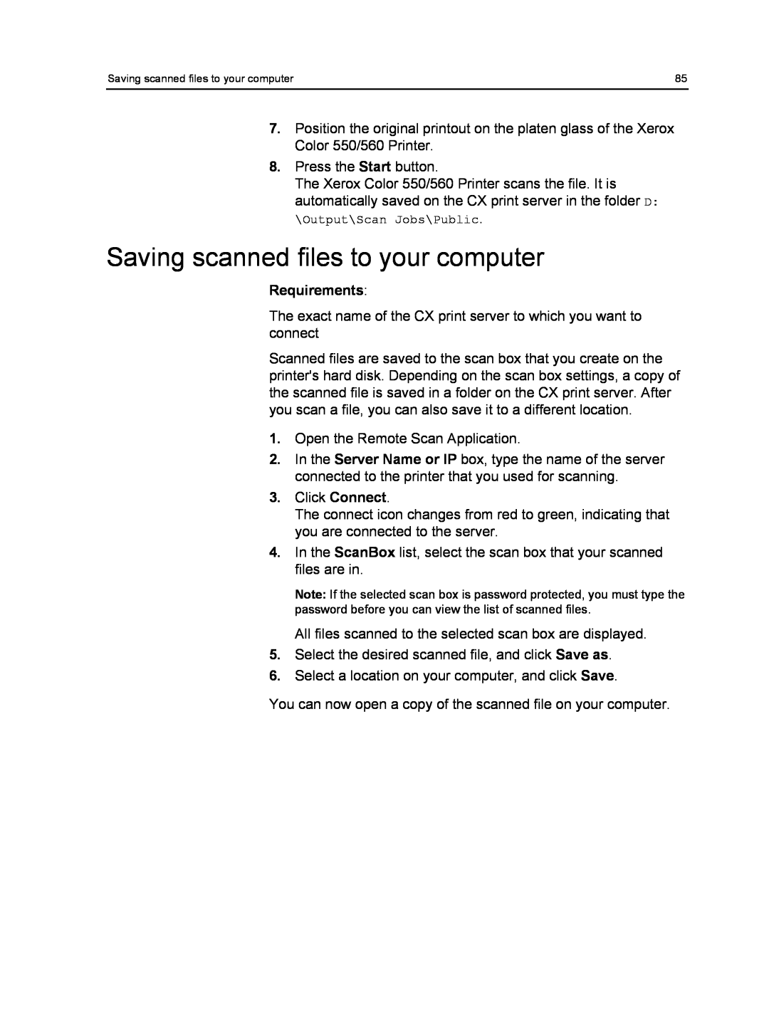 Xerox 550, 560 manual Saving scanned files to your computer, Requirements 