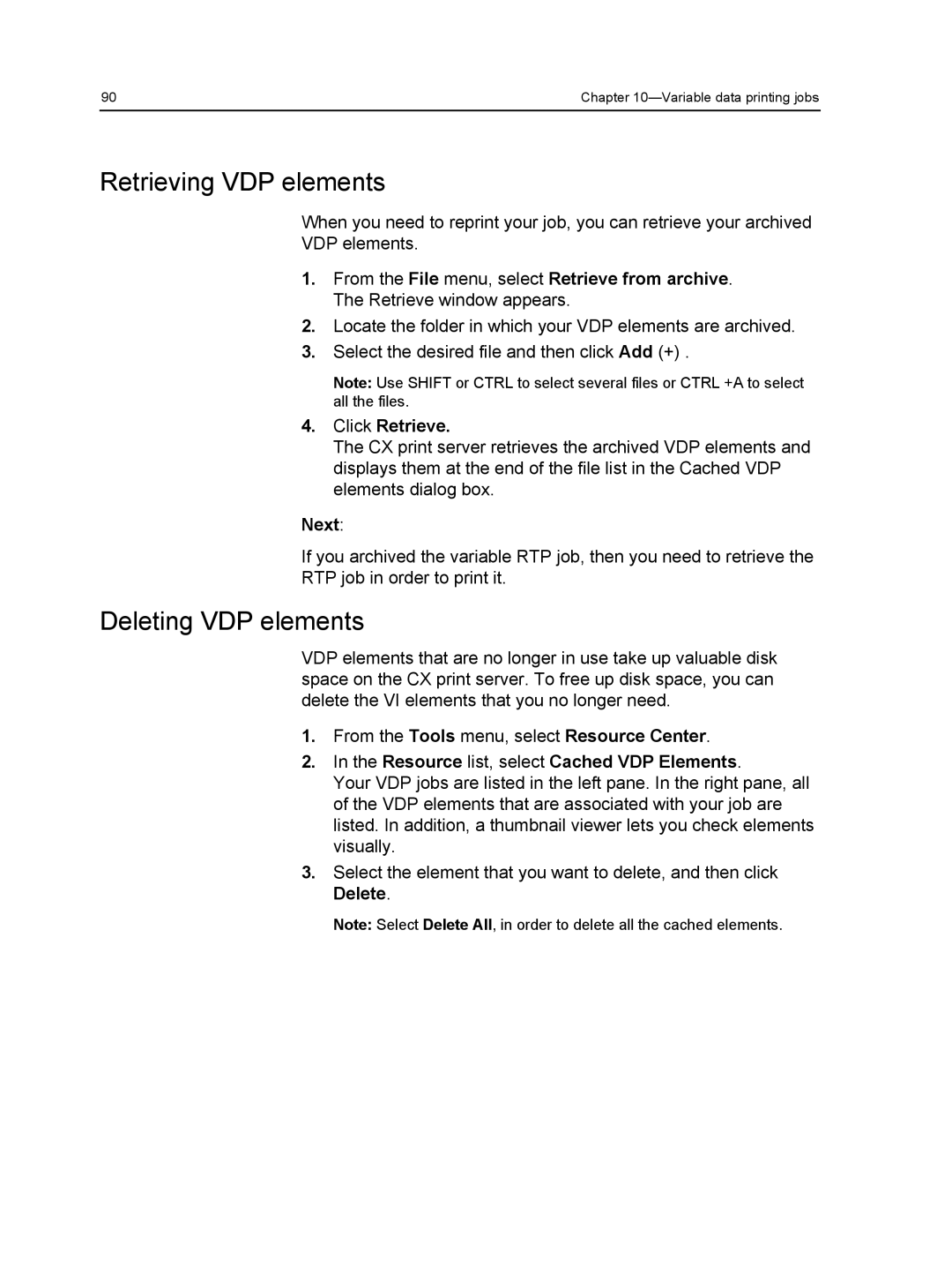 Xerox 560, 550 manual Retrieving VDP elements, Deleting VDP elements 