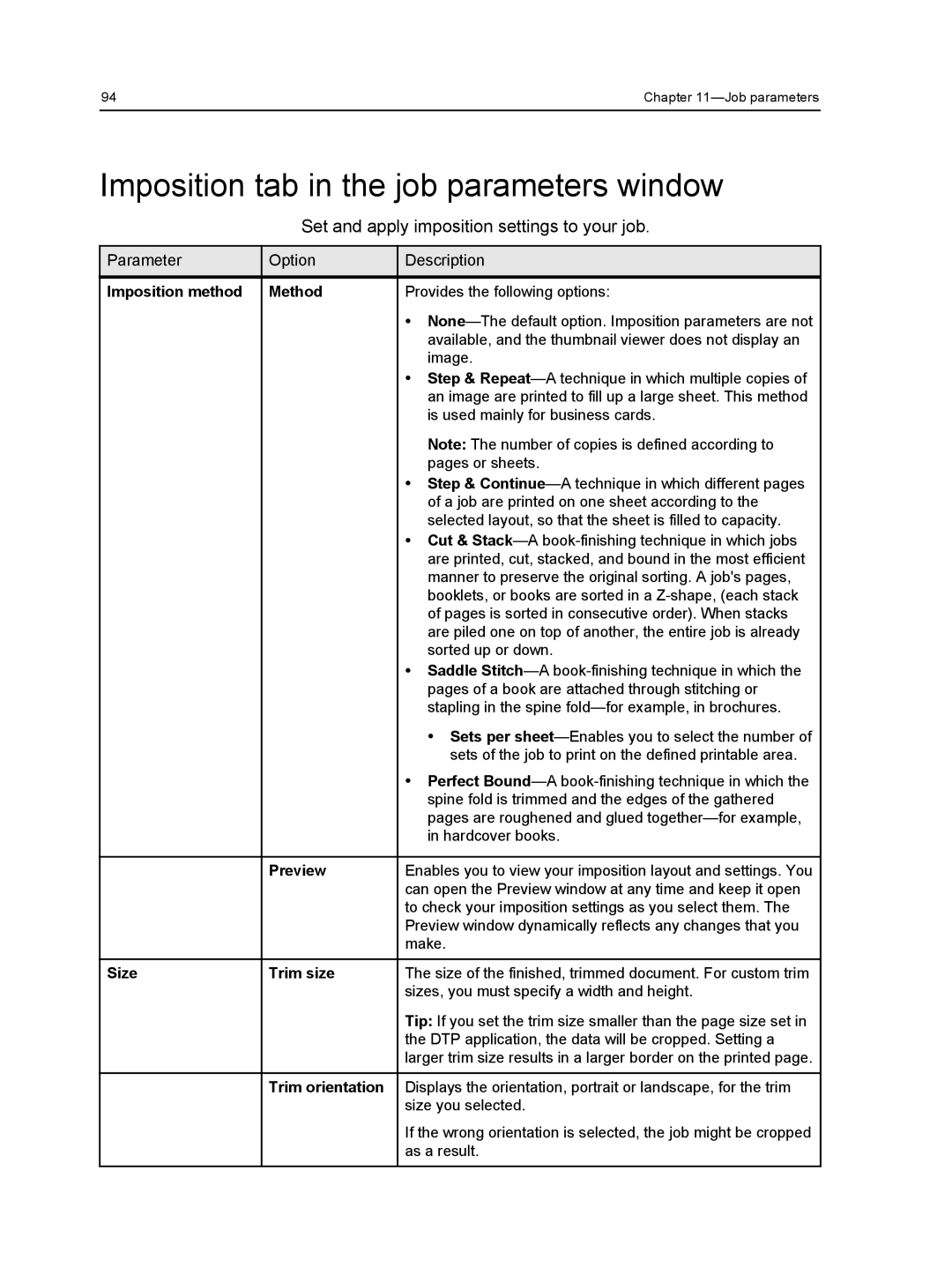 Xerox 560 Imposition tab in the job parameters window, Imposition method Method, Preview, Size Trim size, Trim orientation 