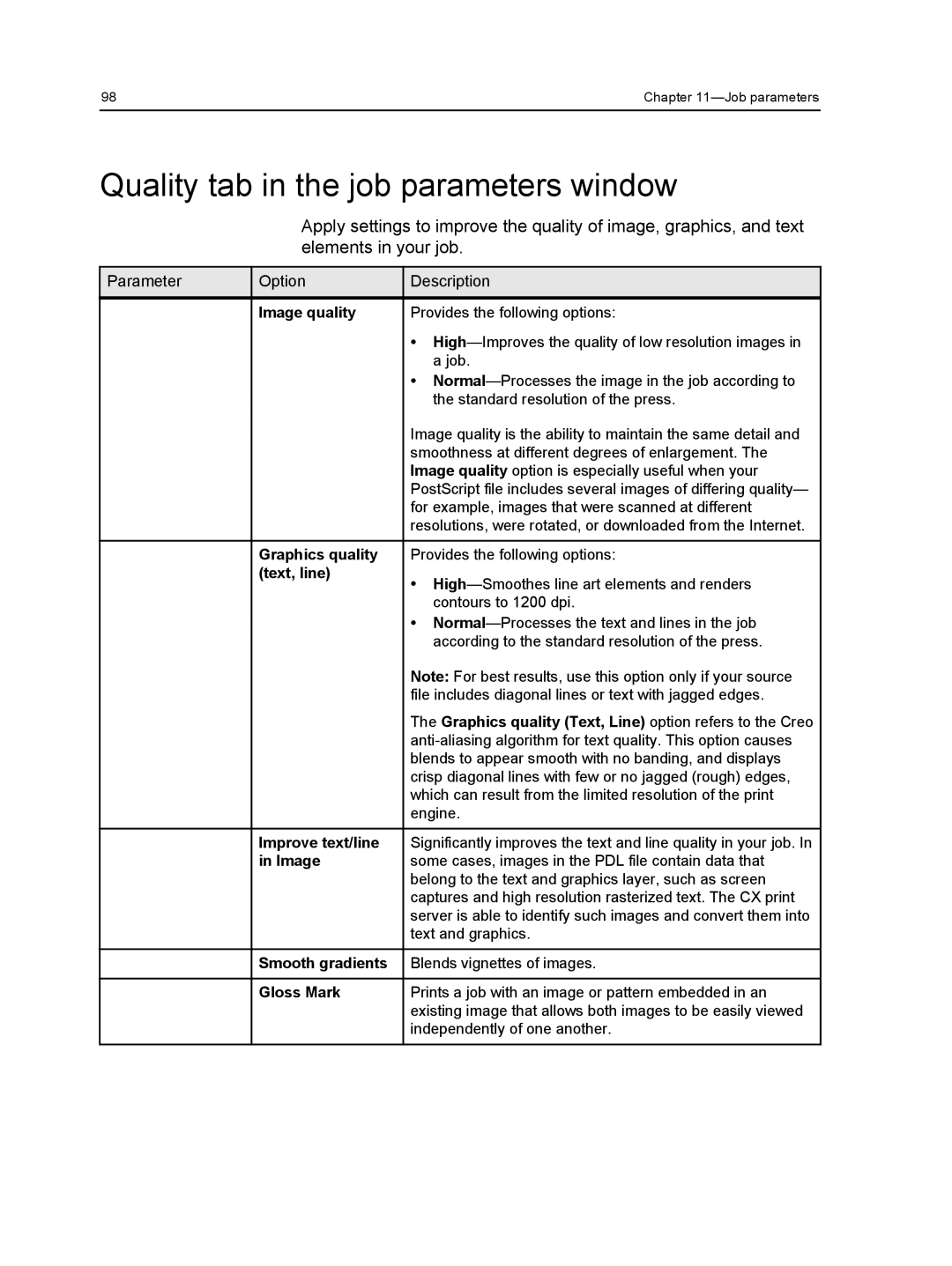 Xerox 560, 550 manual Quality tab in the job parameters window 