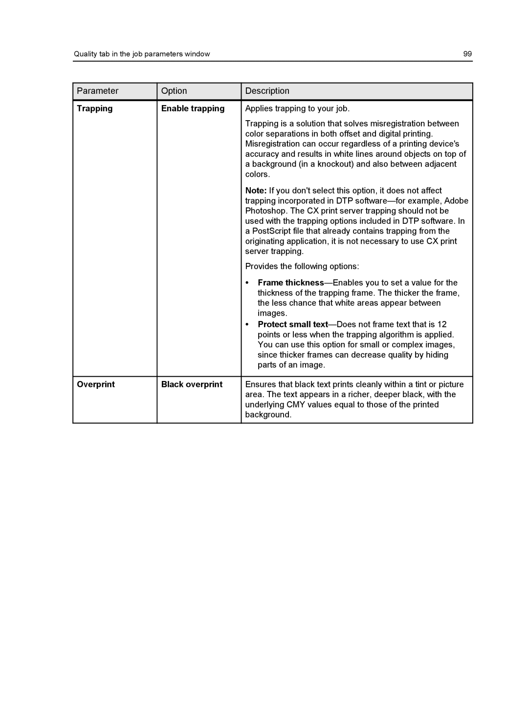 Xerox 550, 560 manual Trapping Enable trapping, Overprint Black overprint 