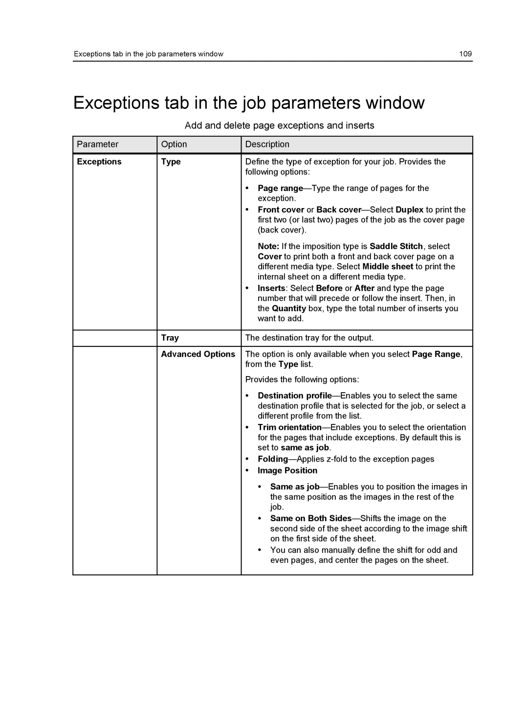 Xerox 550, 560 manual Exceptions tab in the job parameters window 