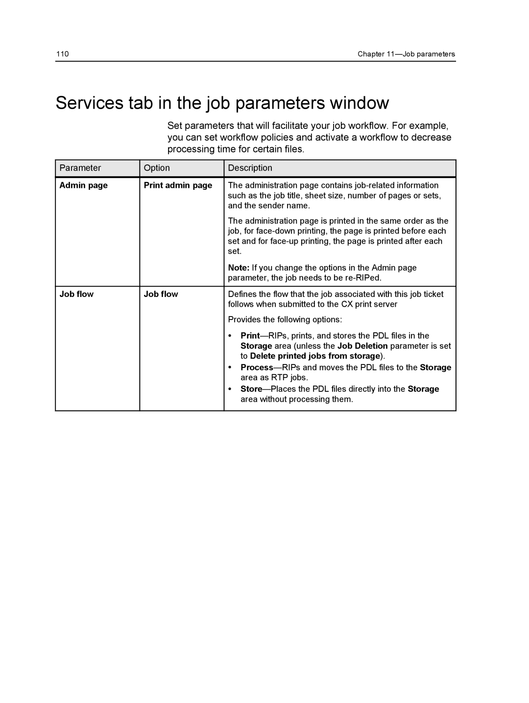 Xerox 560, 550 Services tab in the job parameters window, Admin Print admin, Job flow, To Delete printed jobs from storage 