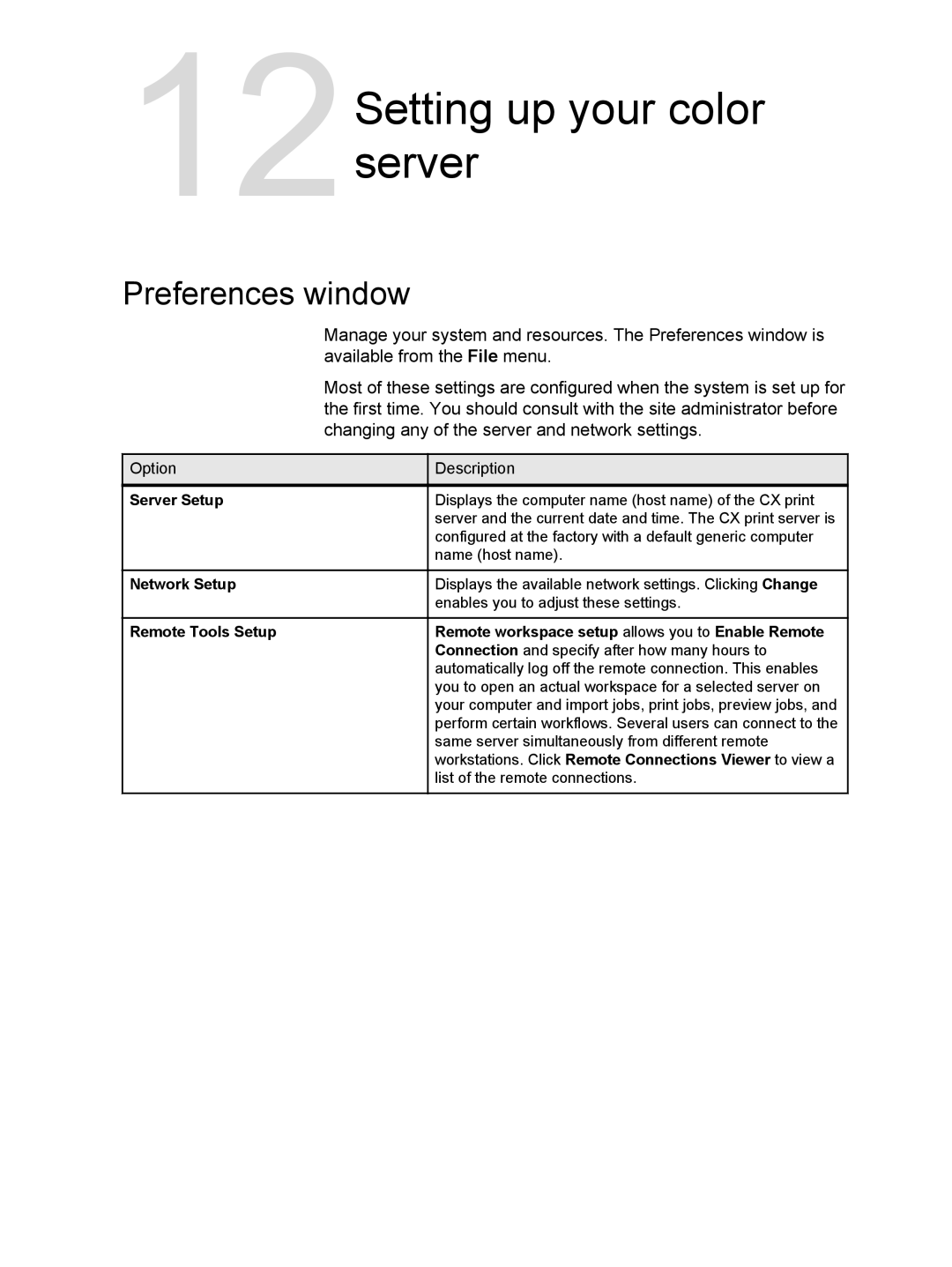 Xerox 550, 560 manual 12Setting up your color server, Preferences window, Server Setup, Network Setup 