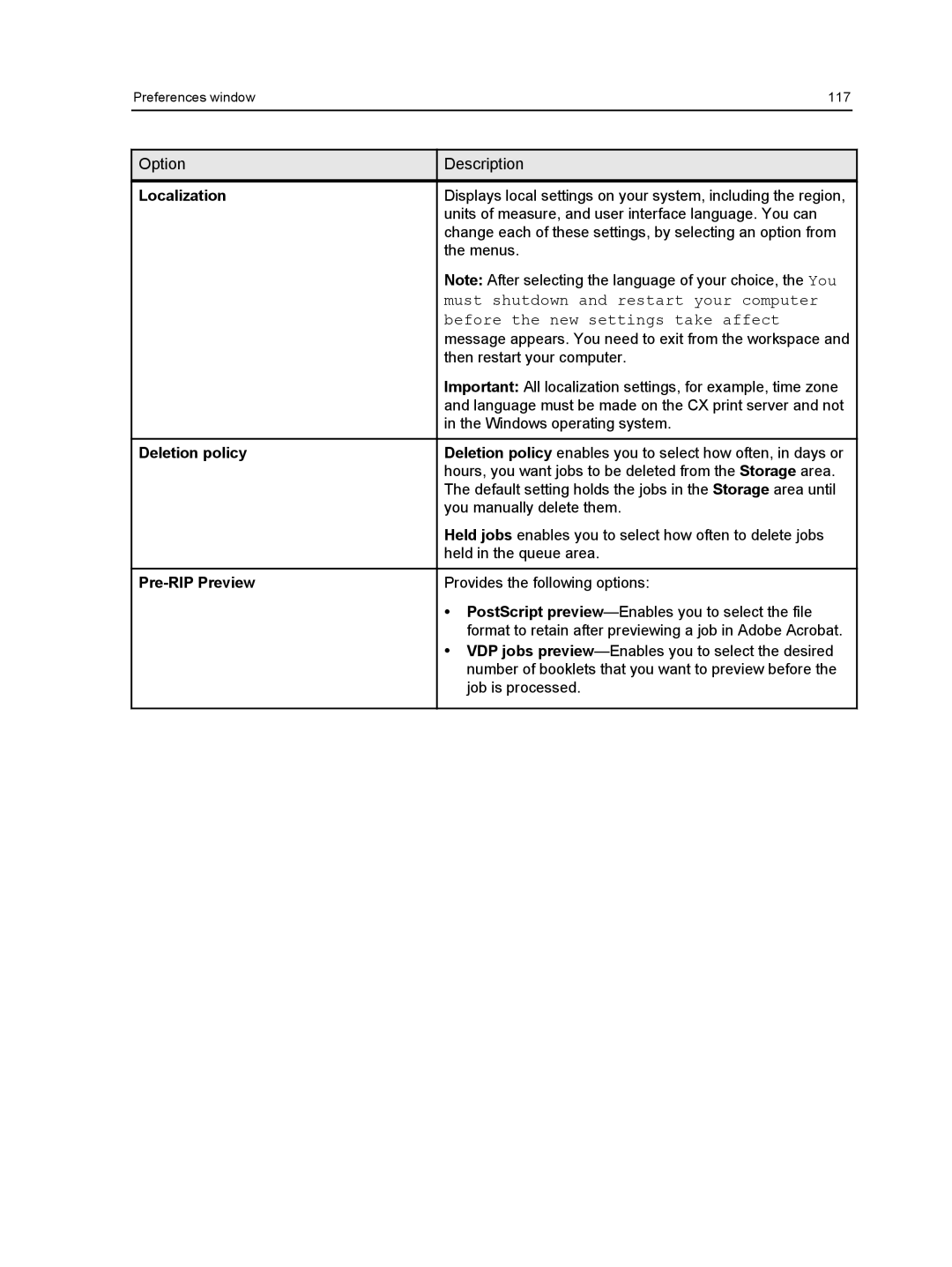 Xerox 550, 560 manual Localization, Deletion policy, Pre-RIP Preview 