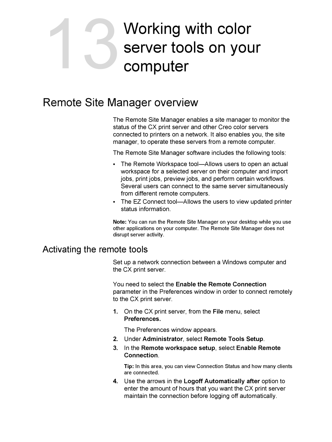 Xerox 550 13Working with color server tools on your computer, Remote Site Manager overview, Activating the remote tools 