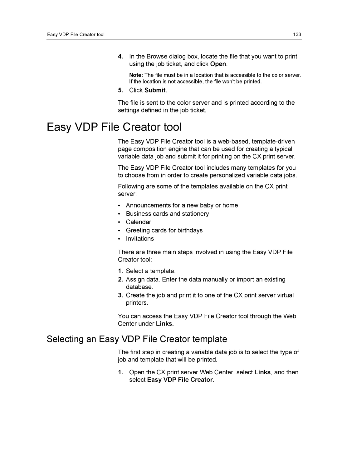 Xerox 550, 560 manual Easy VDP File Creator tool, Selecting an Easy VDP File Creator template 