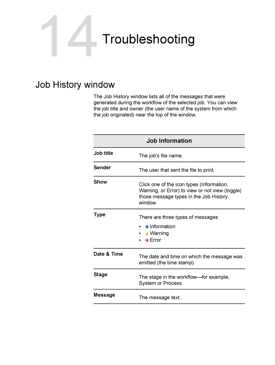 Xerox 550, 560 manual 14Troubleshooting, Job History window 