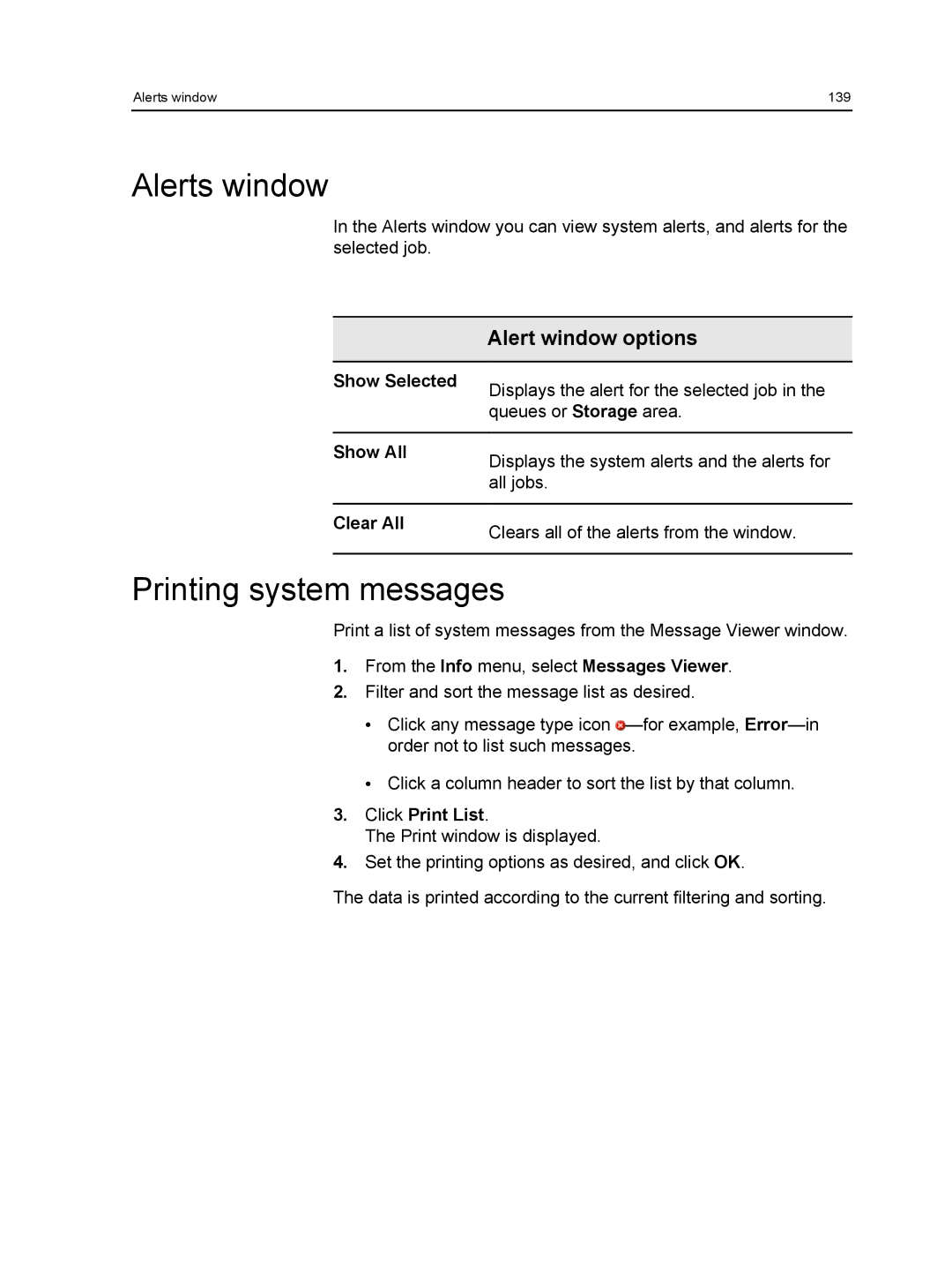 Xerox 550, 560 manual Alerts window, Printing system messages 