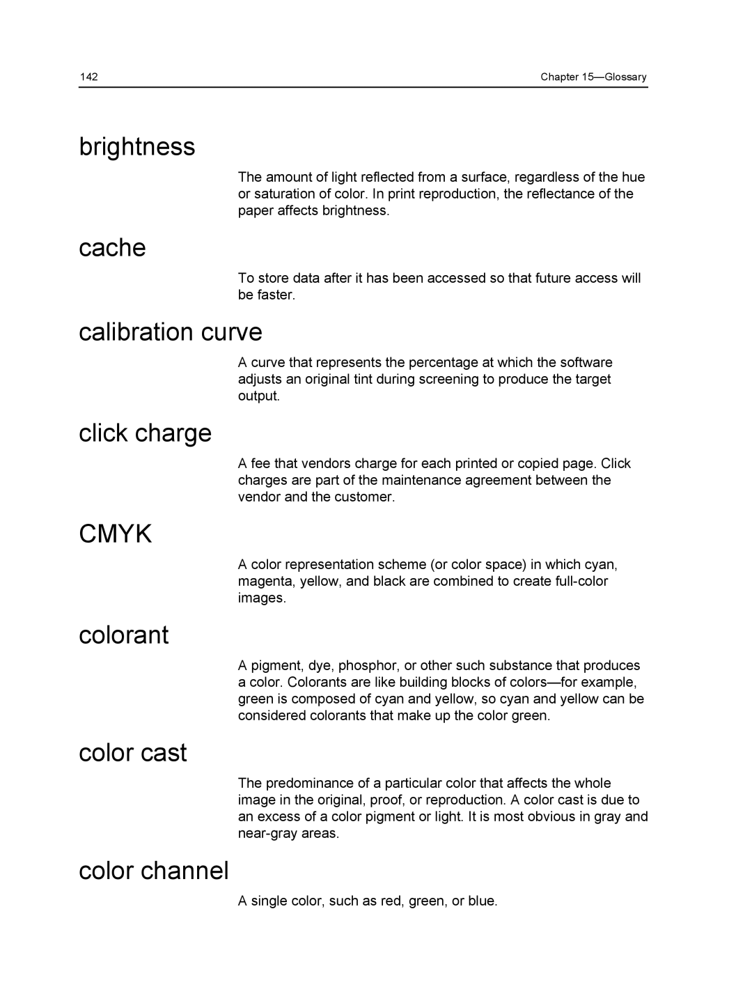 Xerox 560, 550 manual Brightness, Cache, Calibration curve, Click charge, Colorant, Color cast, Color channel 