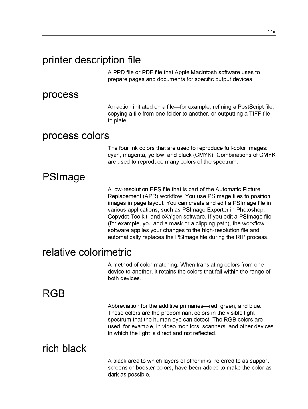 Xerox 550, 560 manual Printer description file Process, Process colors, PSImage, Relative colorimetric, Rich black 