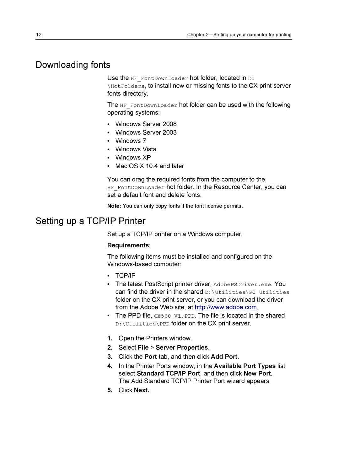 Xerox 560, 550 manual Downloading fonts, Setting up a TCP/IP Printer, Select File Server Properties 