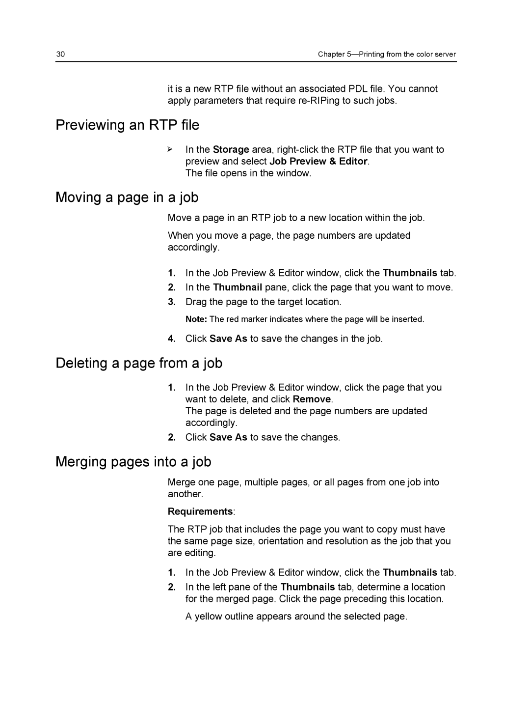 Xerox 560, 550 manual Previewing an RTP file, Moving a page in a job, Deleting a page from a job, Merging pages into a job 