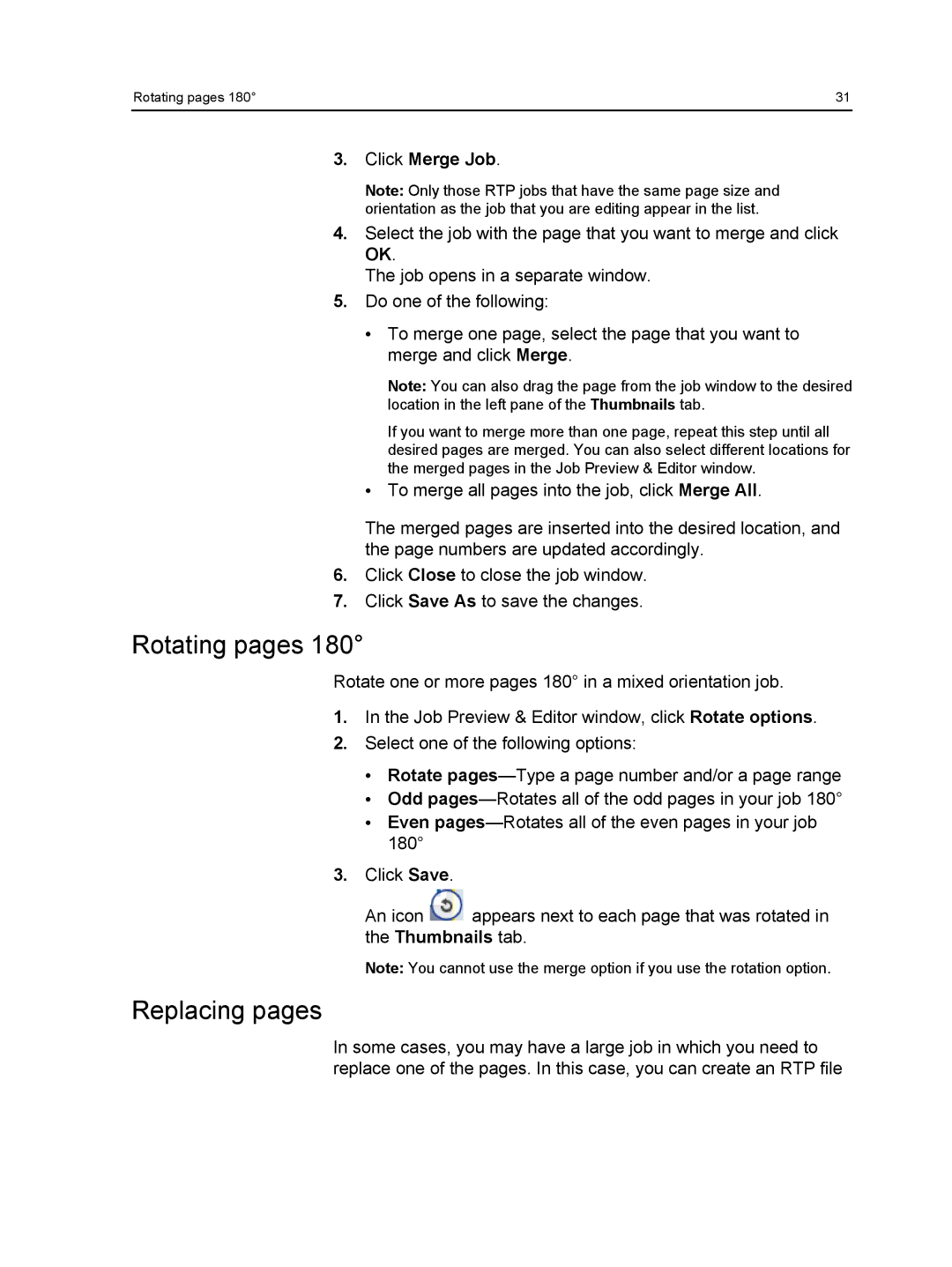 Xerox 550, 560 manual Rotating pages, Replacing pages, Click Merge Job 