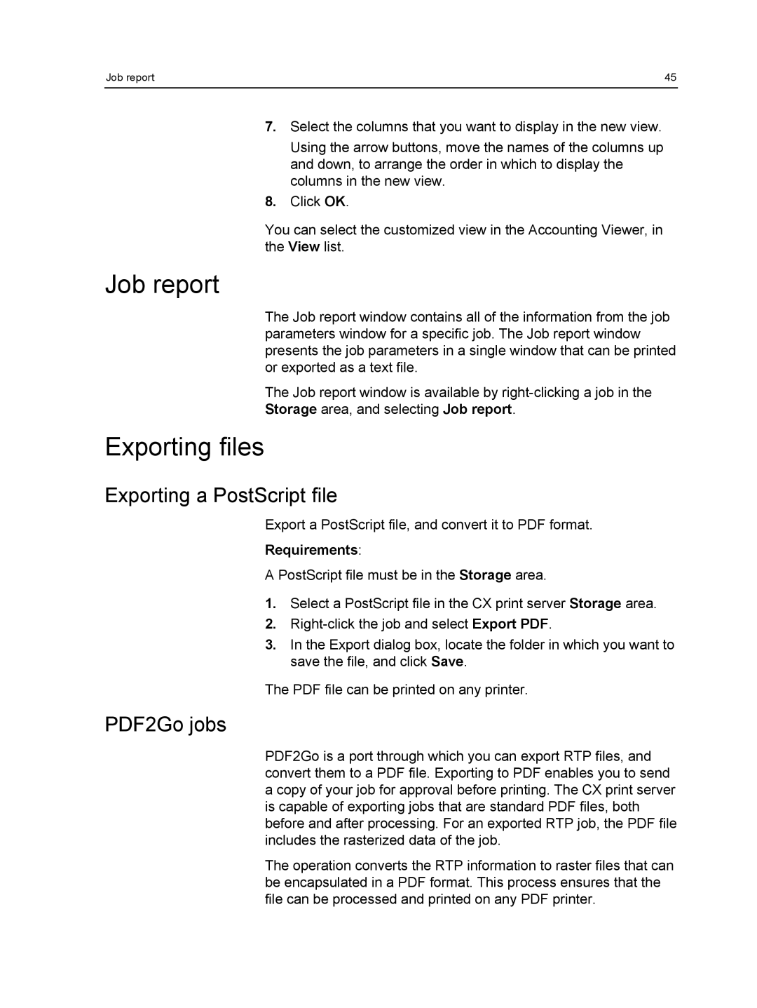 Xerox 550, 560 manual Job report, Exporting files, Exporting a PostScript file 