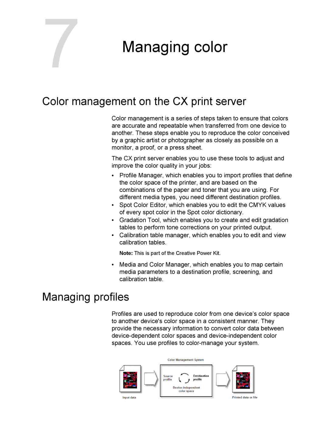 Xerox 550, 560 manual Managing color, Color management on the CX print server, Managing profiles 