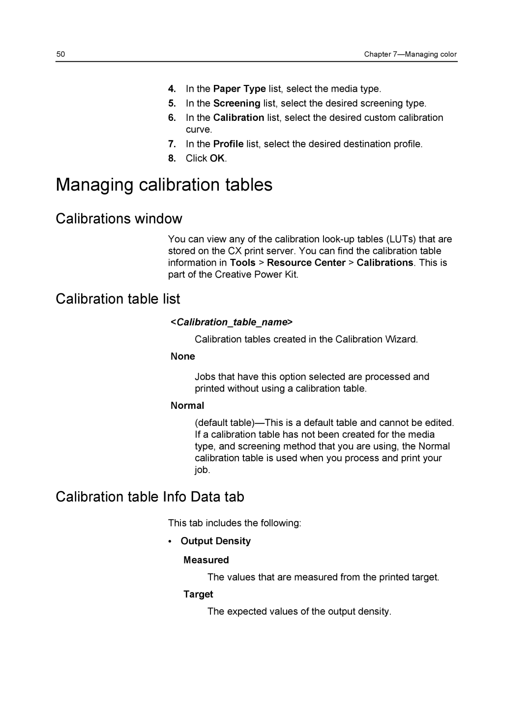 Xerox 560, 550 Managing calibration tables, Calibrations window, Calibration table list, Calibration table Info Data tab 