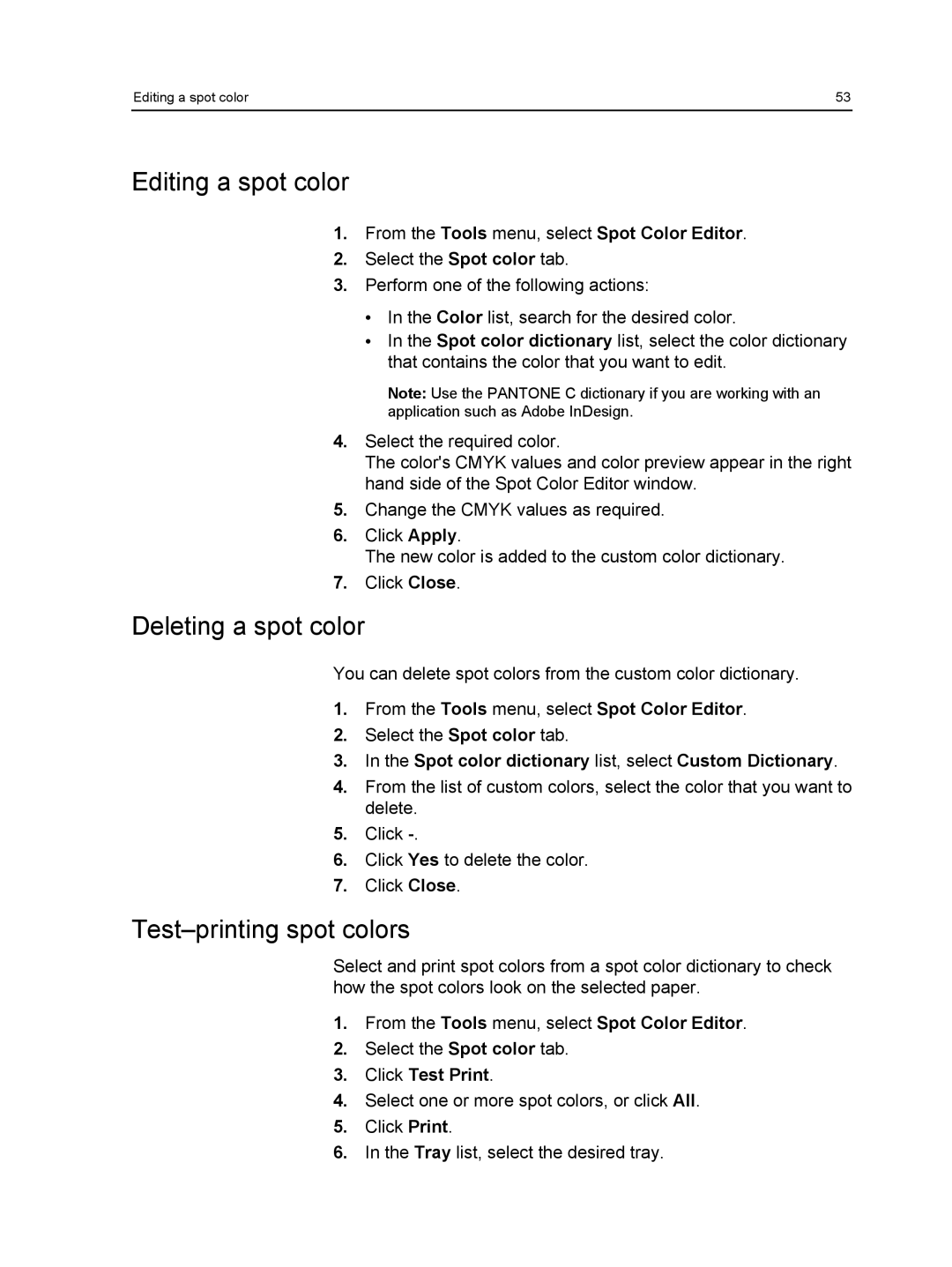 Xerox 550, 560 manual Editing a spot color, Deleting a spot color, Test-printing spot colors, Click Test Print 