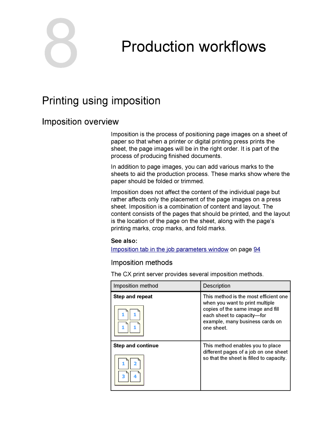 Xerox 550, 560 manual Production workflows, Printing using imposition, Imposition overview, Imposition methods 