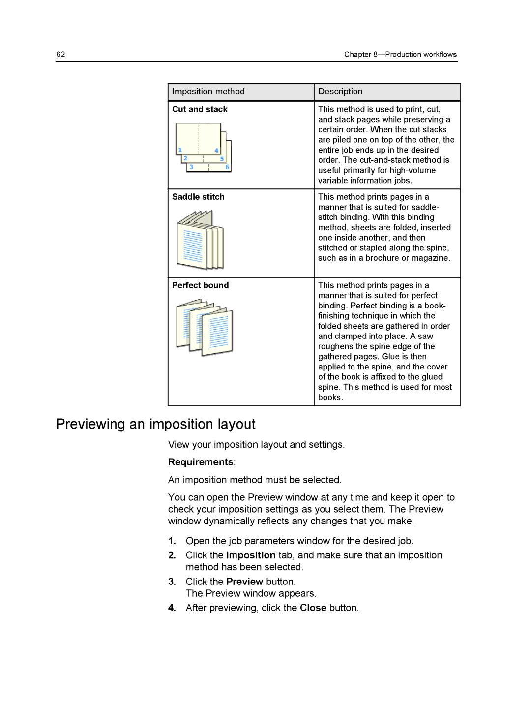 Xerox 560, 550 manual Previewing an imposition layout, Cut and stack, Saddle stitch, Perfect bound 