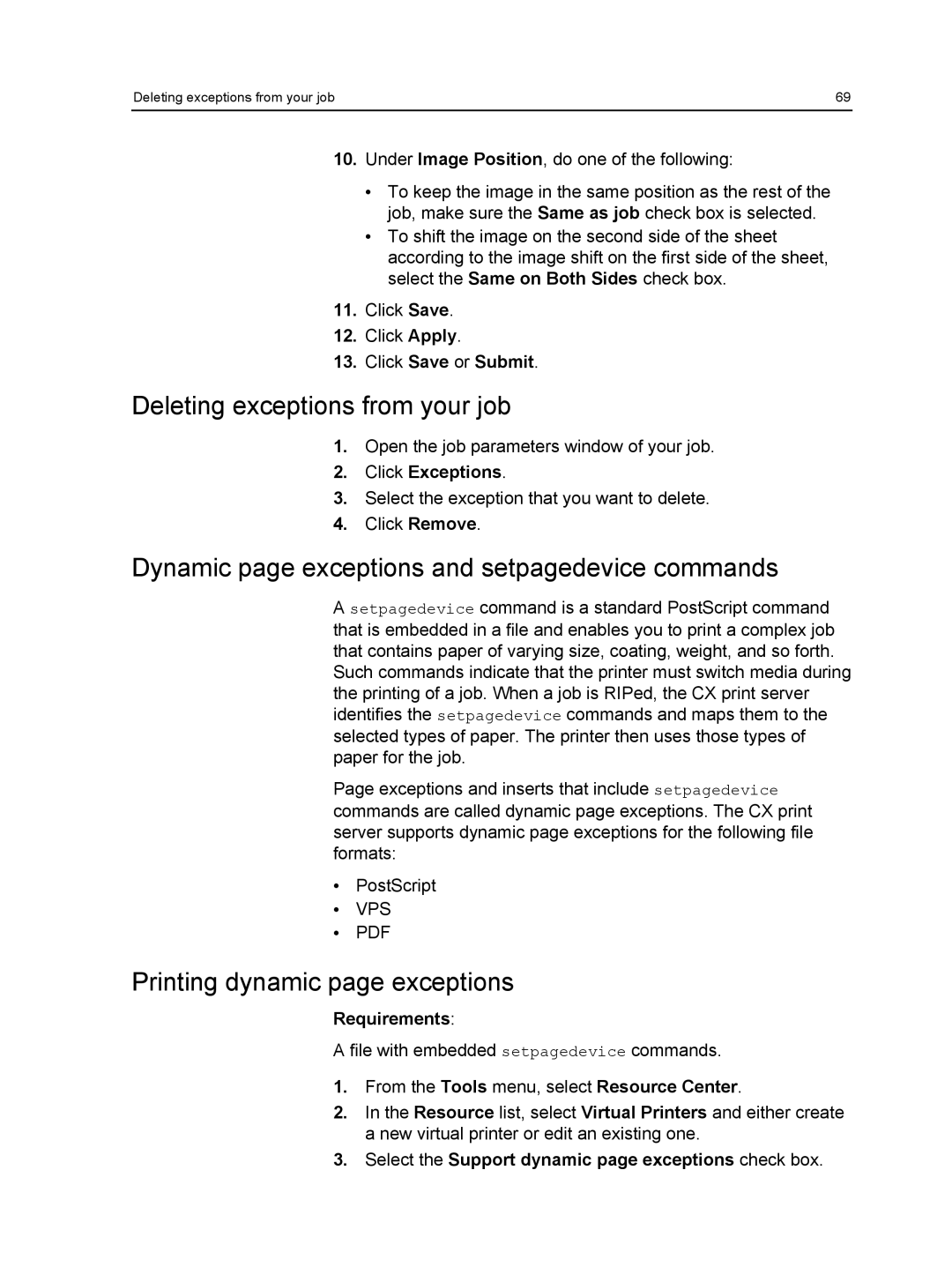 Xerox 550, 560 Deleting exceptions from your job, Dynamic page exceptions and setpagedevice commands, Click Save or Submit 