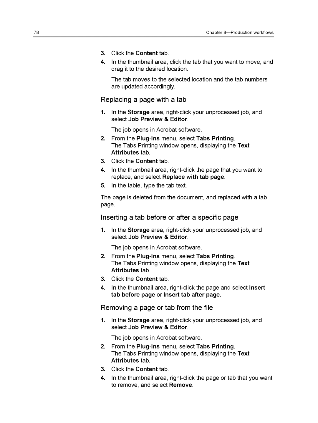 Xerox 560 Replacing a page with a tab, Inserting a tab before or after a specific, Removing a page or tab from the file 