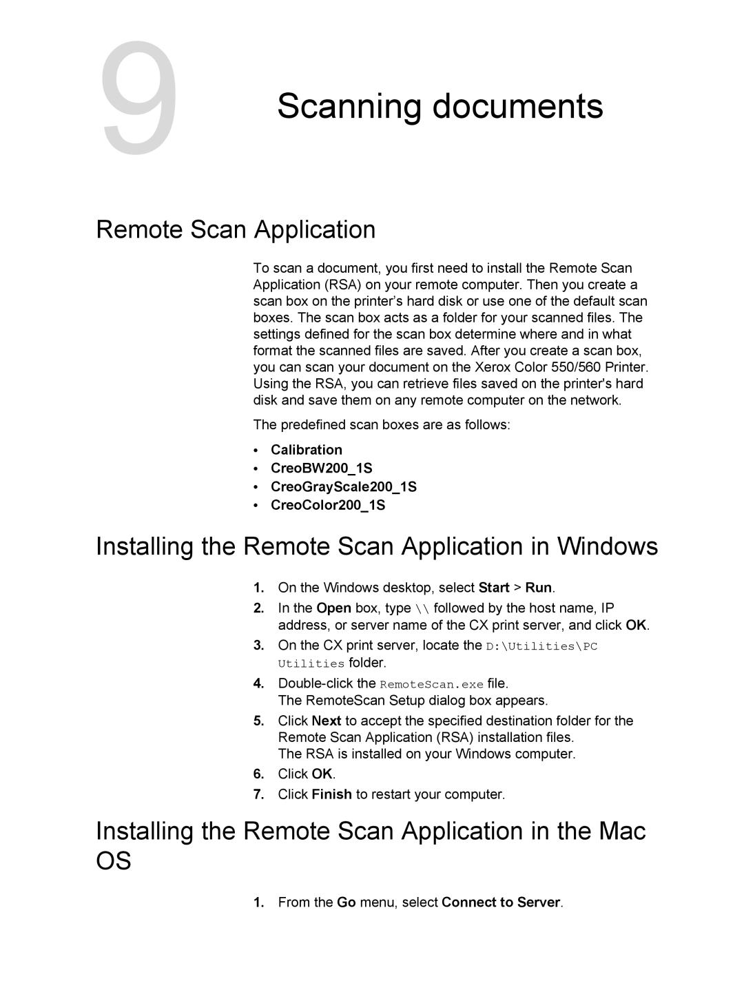 Xerox 550, 560 manual Scanning documents, Installing the Remote Scan Application in Windows 