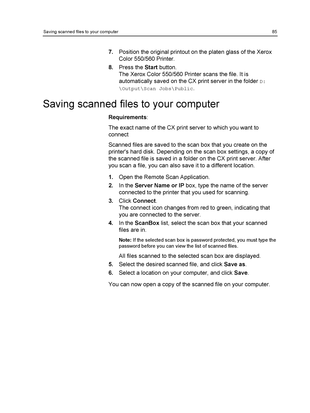 Xerox 550, 560 manual Saving scanned files to your computer, Requirements 