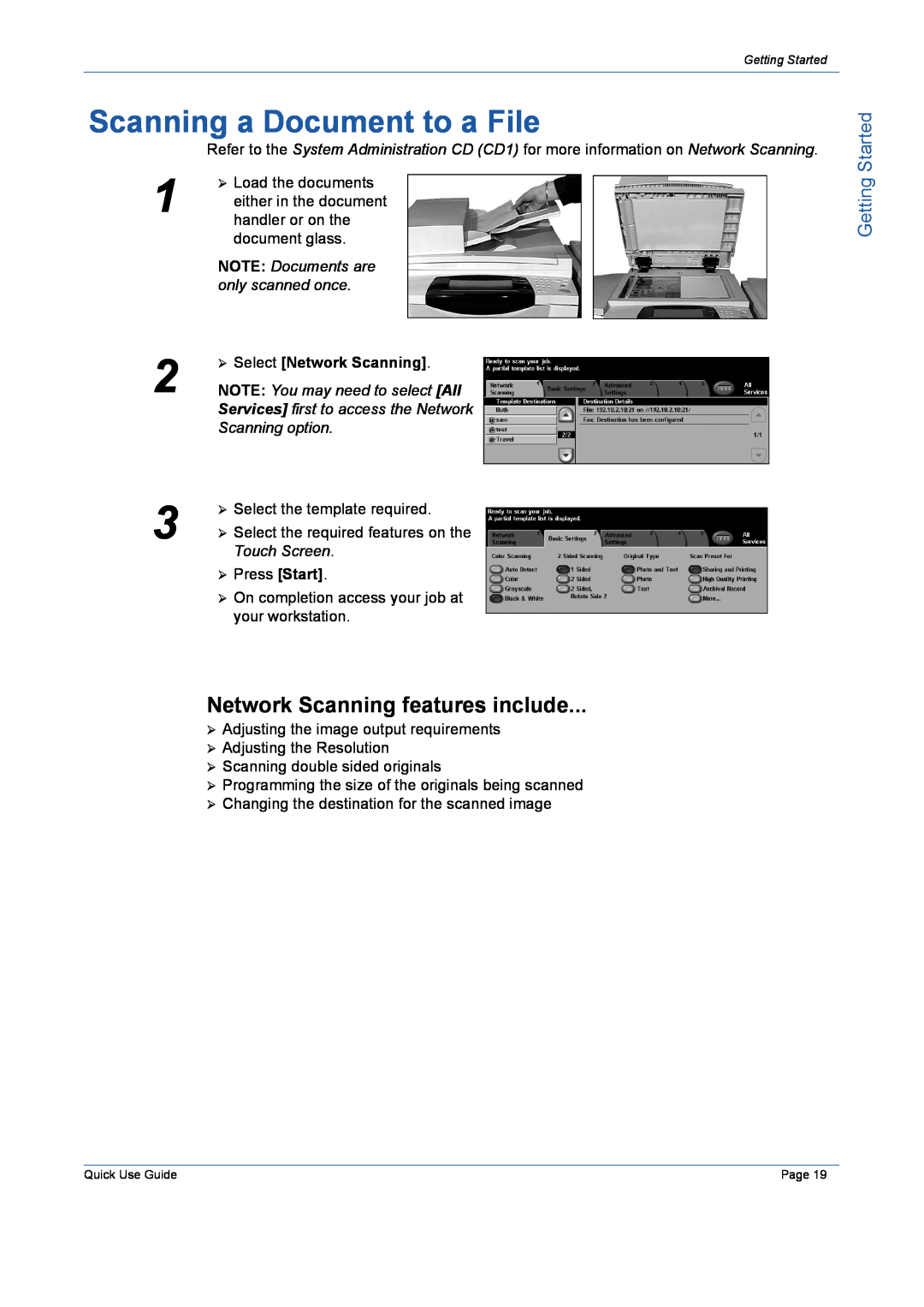 Xerox 5632 manual Scanning a Document to a File, Network Scanning features include, Getting Started 