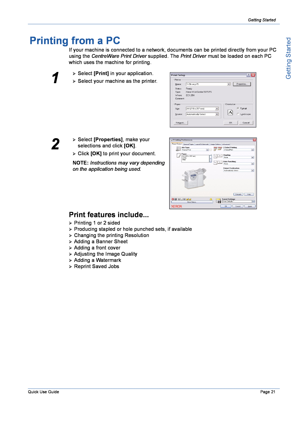 Xerox 5632 manual Printing from a PC, Print features include, Getting Started 