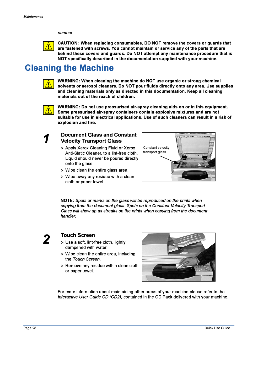 Xerox 5632 manual Cleaning the Machine, Document Glass and Constant, Velocity Transport Glass, Touch Screen 