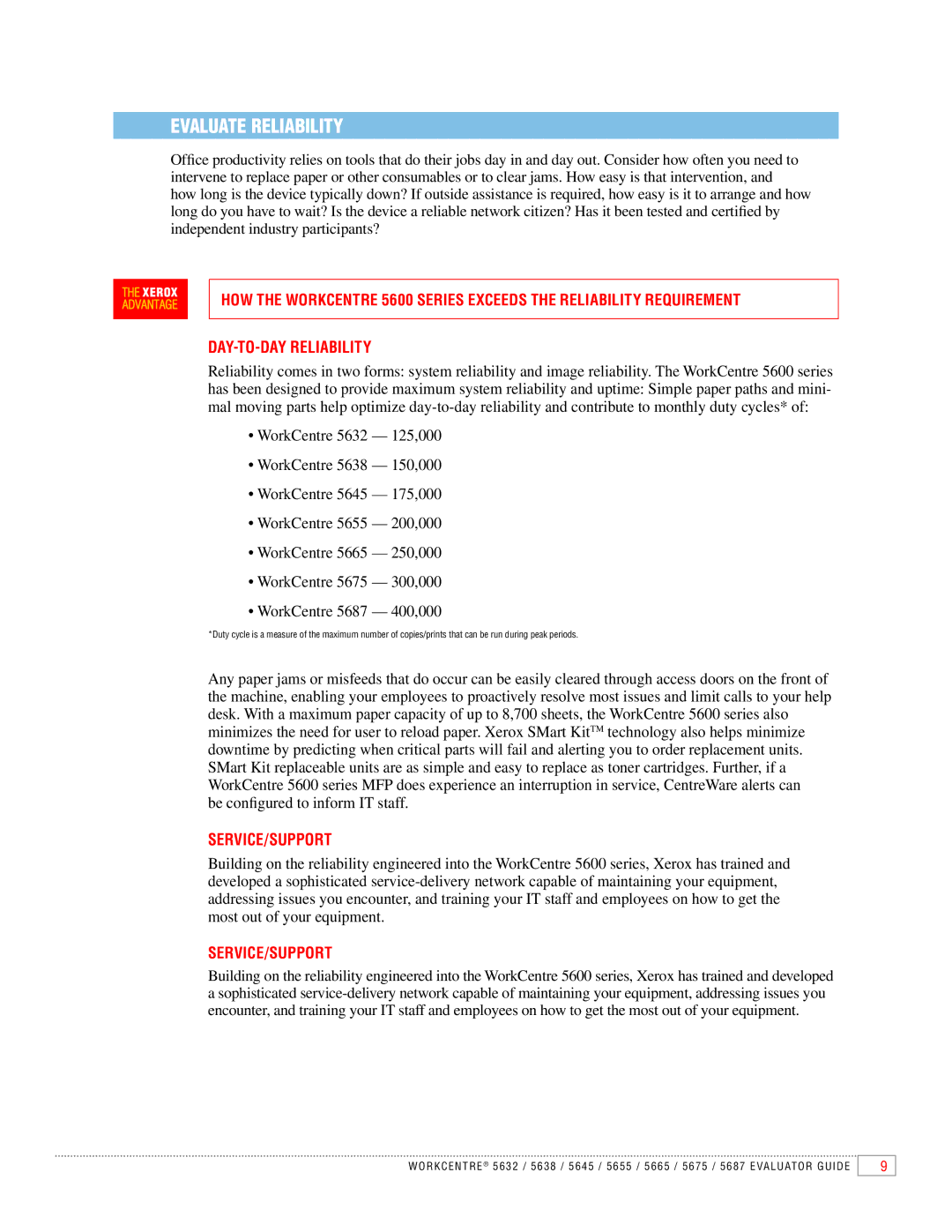 Xerox 5687, 5645, 5675, 5655, 5632, 5665, 5638 manual Evaluate Reliability, Service/Support 