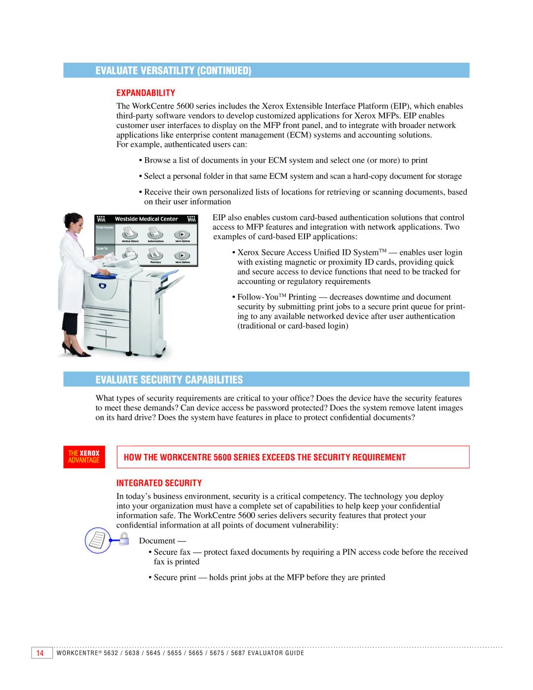 Xerox 5655, 5645, 5675, 5632, 5687, 5665, 5638 manual Evaluate Security Capabilities, Expandability, Integrated Security 